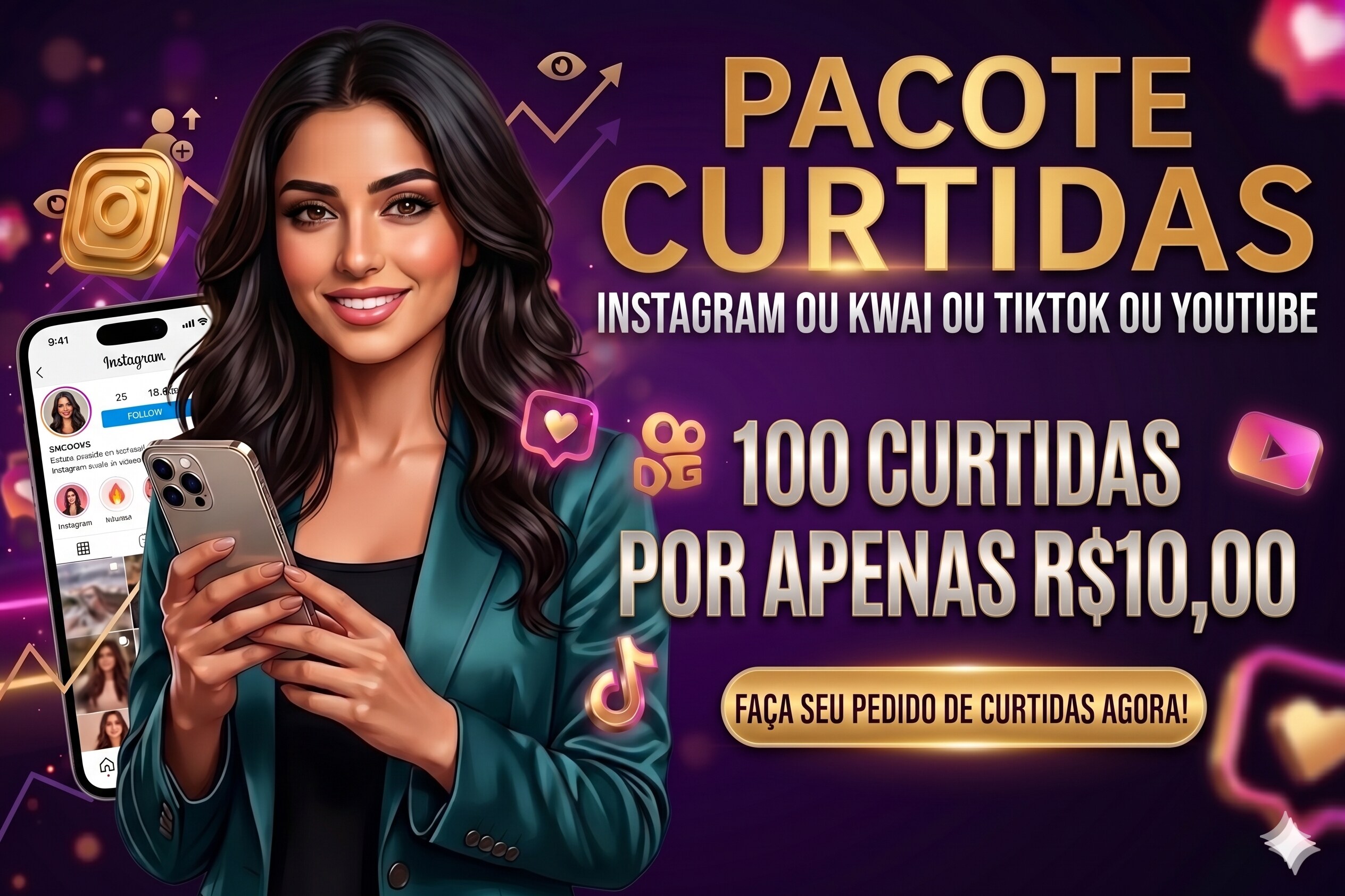 Pacote de curtidas: 100 curtidas (Instagram / Kwai / TikTok / YouTube) por R$ 10