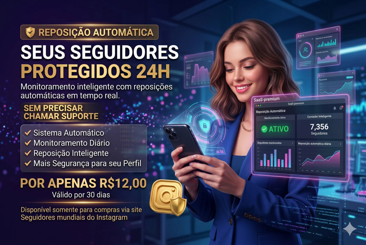 Reposição Automática: seus seguidores protegidos 24h por apenas R$12,90 — monitoramento diário + reposição inteligente por 30 dias